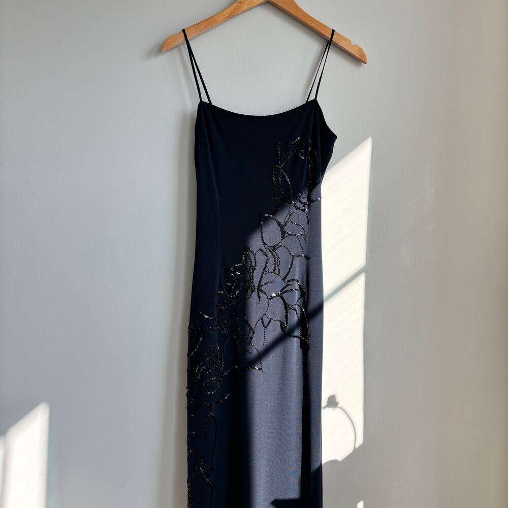 Cache Navy Black Beaded Maxi Slip Dress
